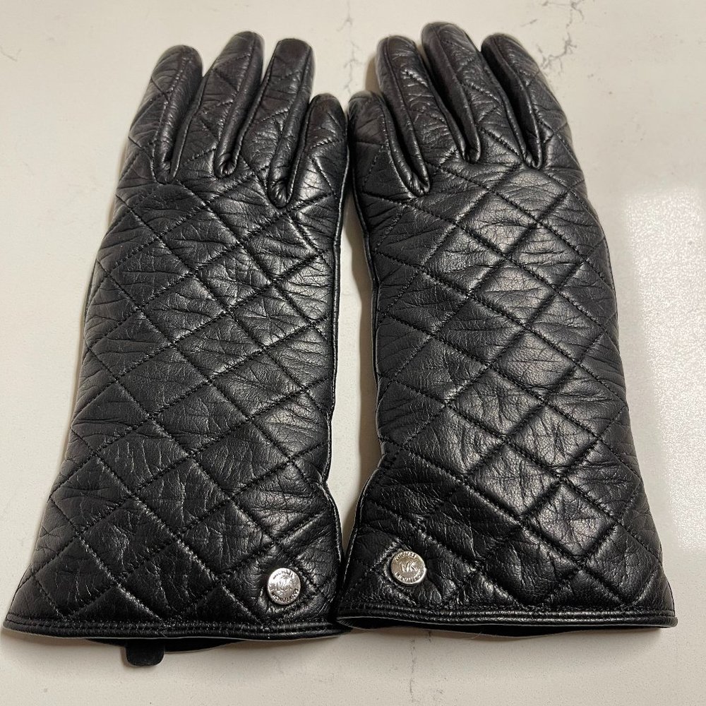 Women's Michael Kors Quilted Black Leather Gloves Size Medium
